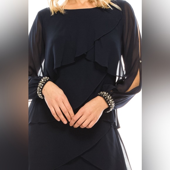 SL Fashions Chiffon Long Sleeve Layered Dress Rhinestone Cuffs Black Size 16 - Picture 7 of 7